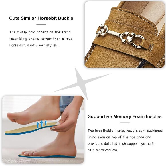 Kordal Women's Brown Leather Gold Accent Buckle Slip-Ons Walking Flats Loafers - Picture 4 of 9